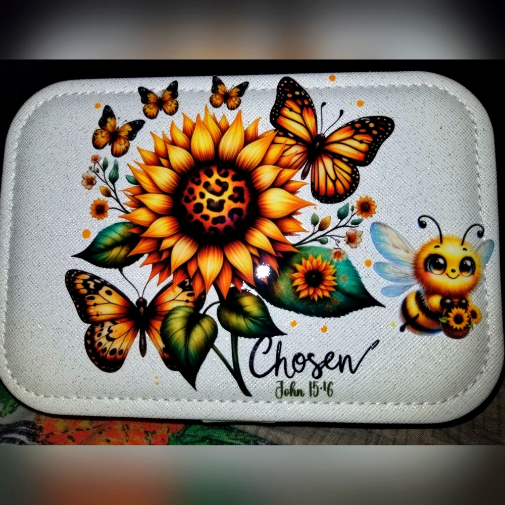 Small Custom Made "Chosen" Sunflower,  Butterfly & Bee Jewelry Box
